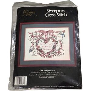 Golden Bee Stamped Cross Stitch Kit Cats Sampler Bow Heart 20381 Vintage
